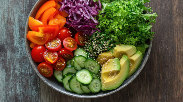 Healthy food. budha bowl with quinoa, avocado, cucumber, salad, tomatoe, olive oil. Clean eating diet food
