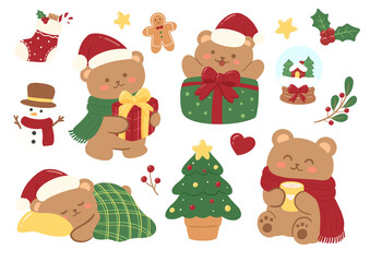 Fototapeta premium Adorable brown bears celebrating Christmas with gifts, snowmen, and winter items