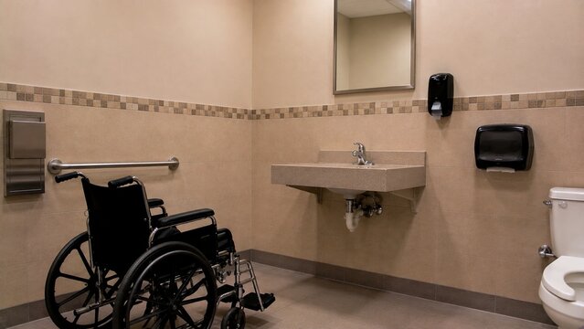 Accessible commercial restroom with wall mirror mounted noticeably high above sink, making lower viewing angle difficult for seated wheelchair user, realistic accessibility design problem