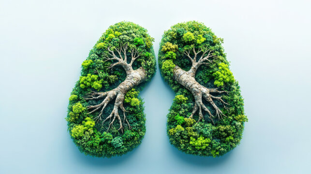 Conceptual image of green tree in hands shaped like human lungs
