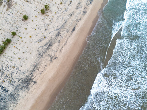 Aerial view of a sandy beach with crashing waves, dark sand patterns, and scattered coastal vegetation in Pacitan, East Java, Indonesia.