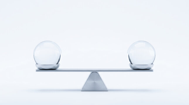 Financial audit concept with balanced glass sphere and scale representing equity, comparison, stability and objective business evaluation