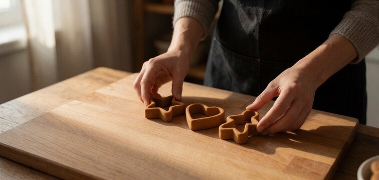 Hands arranging gingerbread cookie cutters on a wooden board, perfect for baking or holiday decoration.