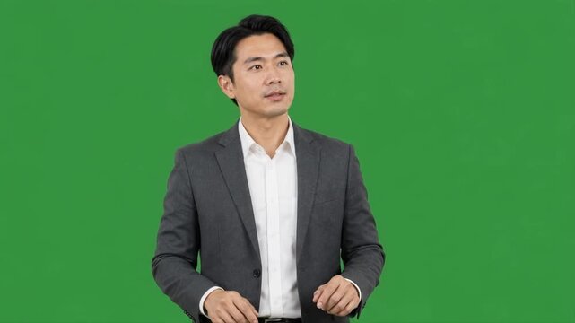 Professional businessperson interacting with an imaginary virtual interface using pointing, swiping and touchscreen gestures against a clean green screen background.
