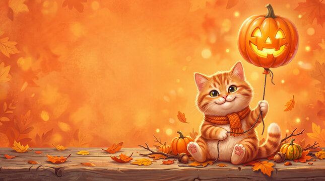 Cute Orange Tabby Holding Pumpkin Balloon with copy space on halloween background..
