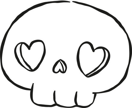 Kawaii Spooky Cute Halloween Y2K Outline Skull With Heart Eyes Hand Drawn