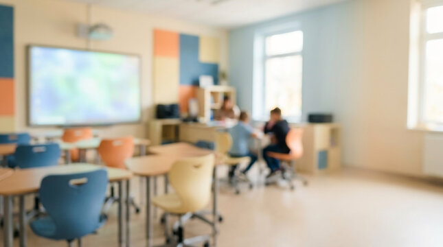 Blurred background of a modern elementary school classroom with empty desks, chairs, and interactive whiteboard for educational concept use.