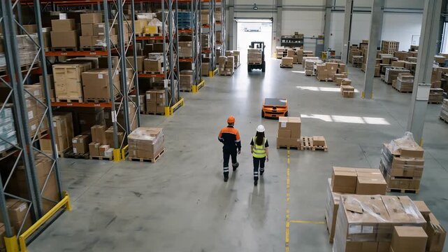 Autonomous Platforms Moving Cargo Boxes Through Warehouse | Aerial Drone View of Smart Logistics Automation. Aerial View of Warehouse Workers and Loader Moving Cargo Boxes onto Autonomous Platform