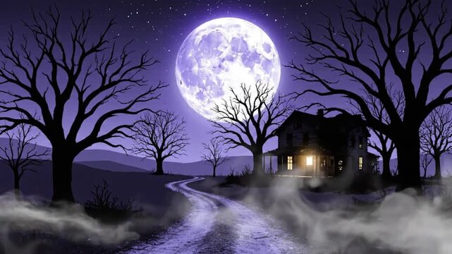 Spooky haunted house scene with full moon rising over dark leafless trees and swirling fog in this creepy animation video