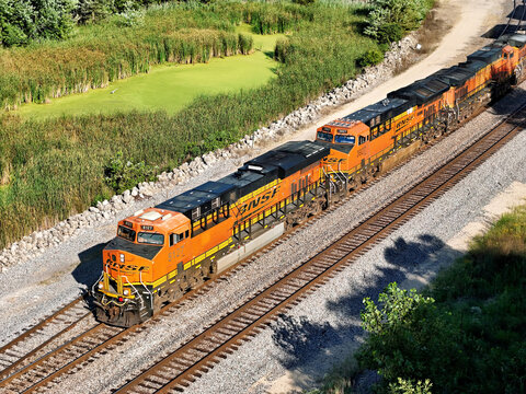 Savanna, Illinois August 17, 2026 BNSF 8127 ES44AC diesel locomotive leading a mainline freight train in Midwestern rail corridor