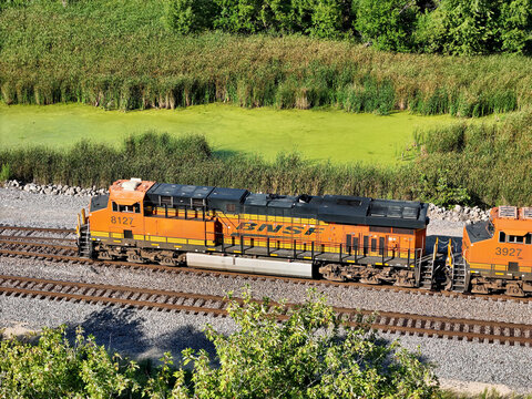 Savanna, Illinois August 17, 2026 BNSF 8127 ES44AC diesel locomotive leading a mainline freight train in Midwestern rail corridor