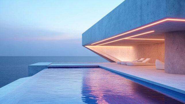 Abstract architectural concrete interior of a modern villa on the sea with swimming pool and neon lighting