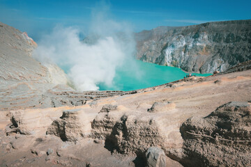 The natural scenery of sulfurous volcanic lake in Ijen, Java, Indonesia. © Kevin
