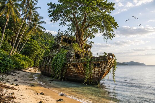An abandoned and rusty old ship stranded on a tropical sandy beach, overgrown with lush green vines and a big tree growing out of its hull. Surrounded by palm trees, clear calm water, and a scenic aft