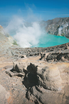 The natural scenery of sulfurous volcanic lake in Ijen, Java, Indonesia.