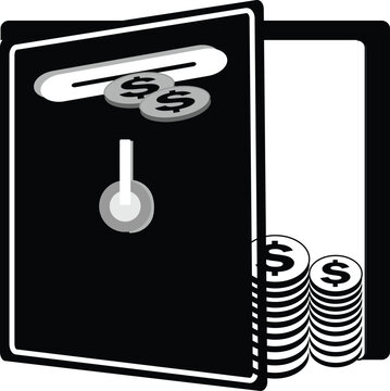 Financial security money and savings concept design with a black metal safe vault containing dollar coins and stacks of cash to represent wealth