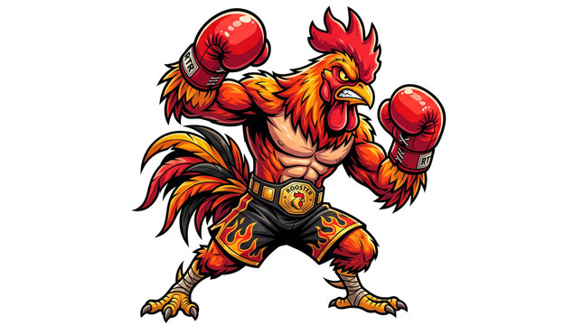 Muscular rooster boxing mascot, aggressive fighter chicken in red gloves, powerful rooster athlete character for sports logo