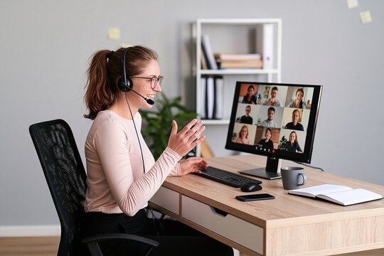 Woman professional in home office using headset for a remote video conference call