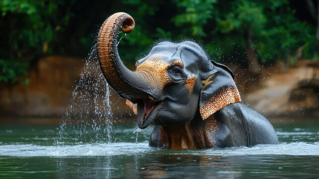 A male Asian elephant is enjoying bathing