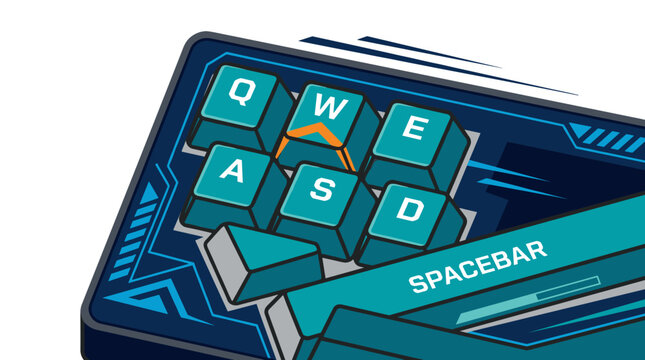 Futuristic vector illustration of mechanical gaming keyboard keys WASD and QWE in a modern teal and navy style