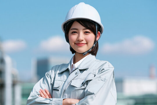 Female engineer in helmet with arms crossed, smiling on outdoor construction site