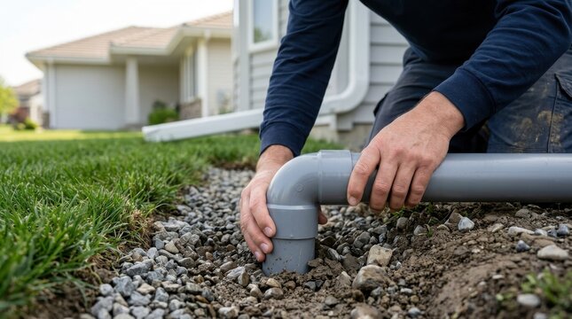 Contractor expertly fits pvc elbow drainage connector to exterior home downspout pipe within gravel landscape trench system.