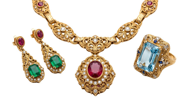 Vintage gold jewelry set with ruby necklace, emerald earrings and blue topaz ring. Antique filigree jewelry collection on white background.