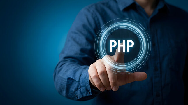 A person in a blue shirt points at a glowing circular digital interface displaying the text PHP against a dark background featuring programming, coding, web development, software and technology