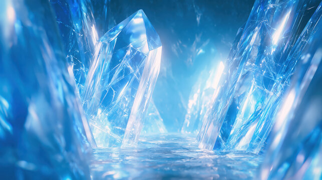 Crystal cavern blue crystal frozen cave ice formation glowing light transparent mineral abstract background icy landscape fantasy cave clear crystal