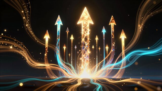 Golden and blue arrows surge upward, symbolizing growth, progress, and dynamic energy.