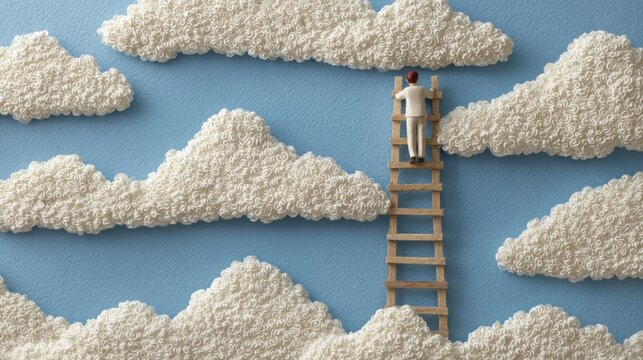 Miniature figure climbing a ladder amongst clouds