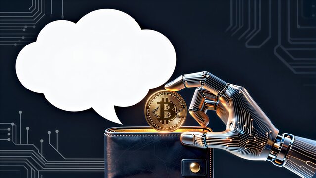 Robot hand places Bitcoin in wallet, cloud symbolizes digital finance innovation.