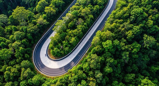 Aerial view of a U-turn road curve in a dense green forest.