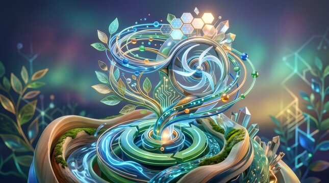 Futuristic Abstract Concept Art of a Glowing Nature-Inspired Data Flow and Technology Integration