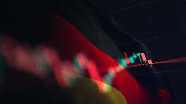 A dynamic timelapse video featuring fast moving stock market candlestick bars blended with a waving German flag, representing German economy, European financial markets, and Dax trading dynamics.