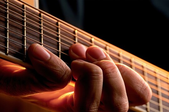 Fingers pressing guitar strings on fretboard in warm light