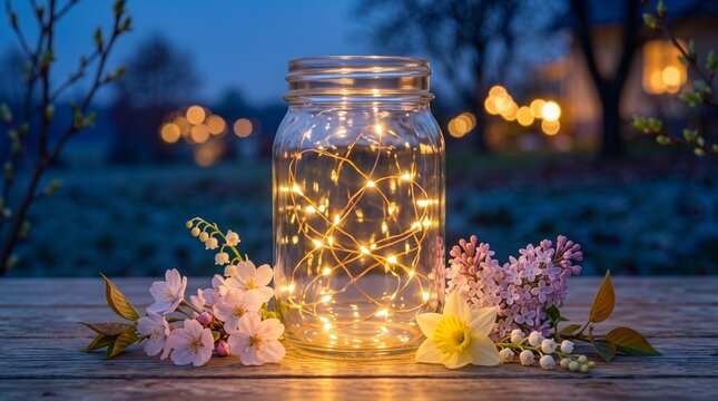 Glass mason jar filled with glowing string lights surrounded by spring flowers on a wooden table at dusk