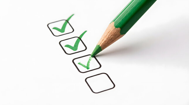 Green pencil with a wooden tip marking green checkmarks in a row of empty checkboxes on a white paper background featuring checked, tick, tick mark, form, survey, list, task, completion and approval