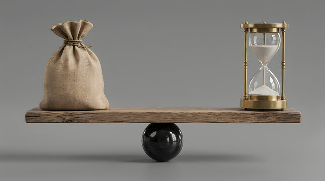 Hourglass with flowing sand and a tied burlap money bag balanced on a wooden scale with a black fulcrum ball against a plain gray background featuring time