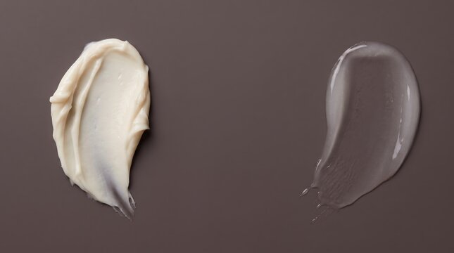 Two different cosmetic cream textures, one opaque and one translucent, swiped on a dark grey background
