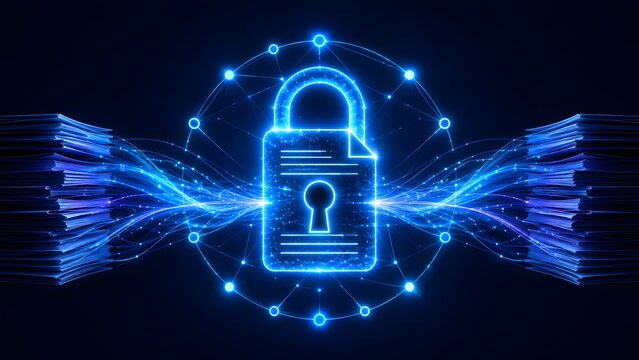 Digital transformation concept showing stacks of paper documents converting into glowing blue secure data streams protected by a futuristic padlock icon.