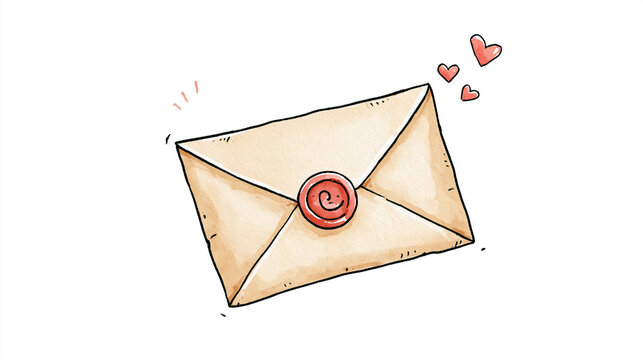 Hand Drawn Vintage Letter Envelope with Red Wax Seal and Hearts Illustration