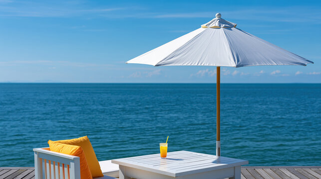 Seaside cafe terrace overlooking ocean with white parasol and wooden table, blue horizon, sunny summer relaxation