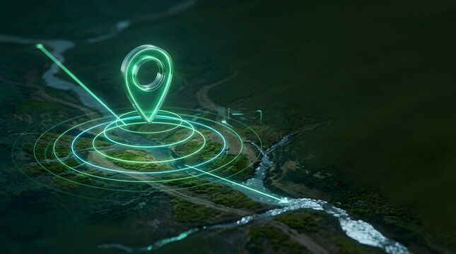Glowing digital location pin with radar rings over river landscape representing geographic information systems and environmental mapping