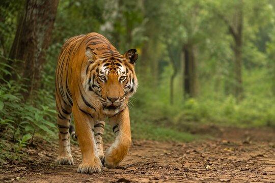 solitary tiger walking through a dense forest