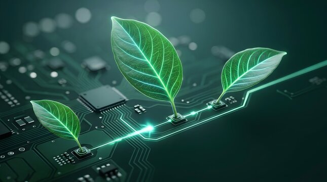 Sustainable digital infrastructure and green electronics concept showing natural leaves sprouting from computer chips on a glowing motherboard