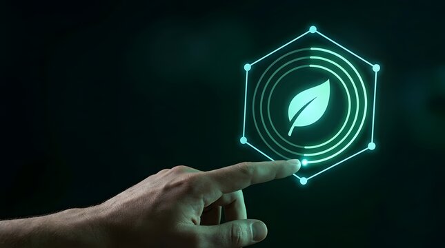 Green technology interface concept with hand touching a glowing digital leaf icon representing environmental sustainability