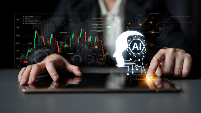 Futuristic financial technology concept features automated robot trader, quantitative analytics, and real-time stock market graph. Represents high frequency trading HFT and wealth management. Corpus