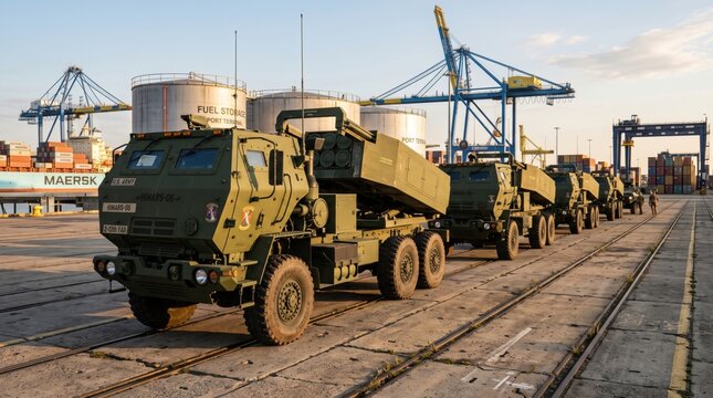 Convoy of M142 HIMARS rocket launchers at industrial cargo port