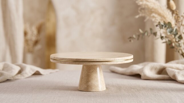 Empty marble cake stand on a beige linen table with dried flowers